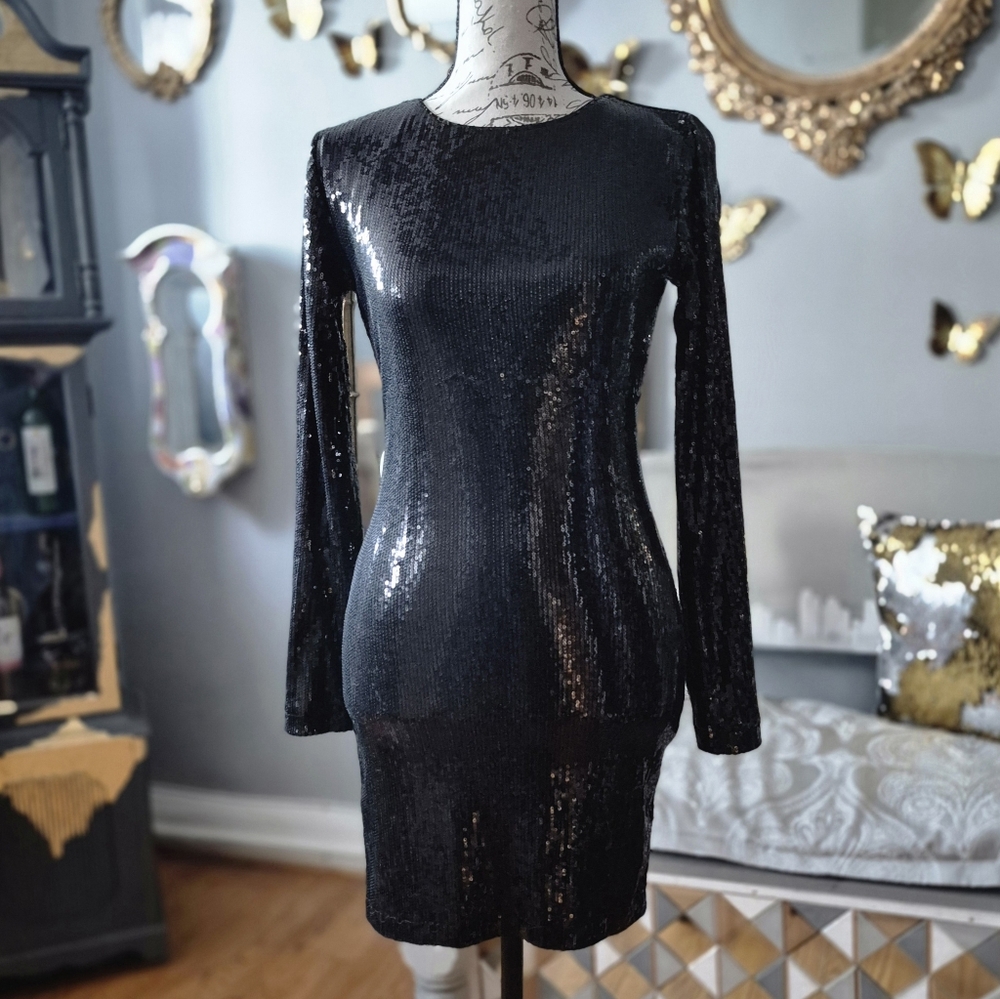 Forever 21 Goth Black Sequin Long Sleeve Dress Small
